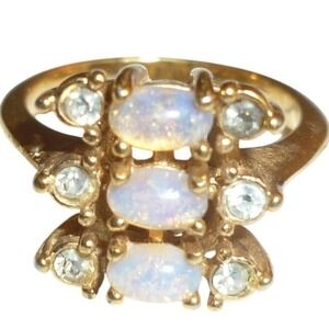 Vintage Avon Gold Tone Faux Opal and Rhinestone Triple Tier Cocktail Ring sz 5.5